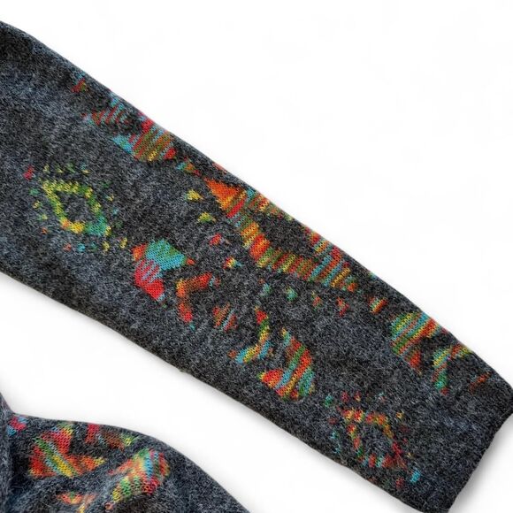 Debut Women's Grey Cardigan with Colorful Tribal Inspired Print. Cozy. Boho. - Picture 3 of 7